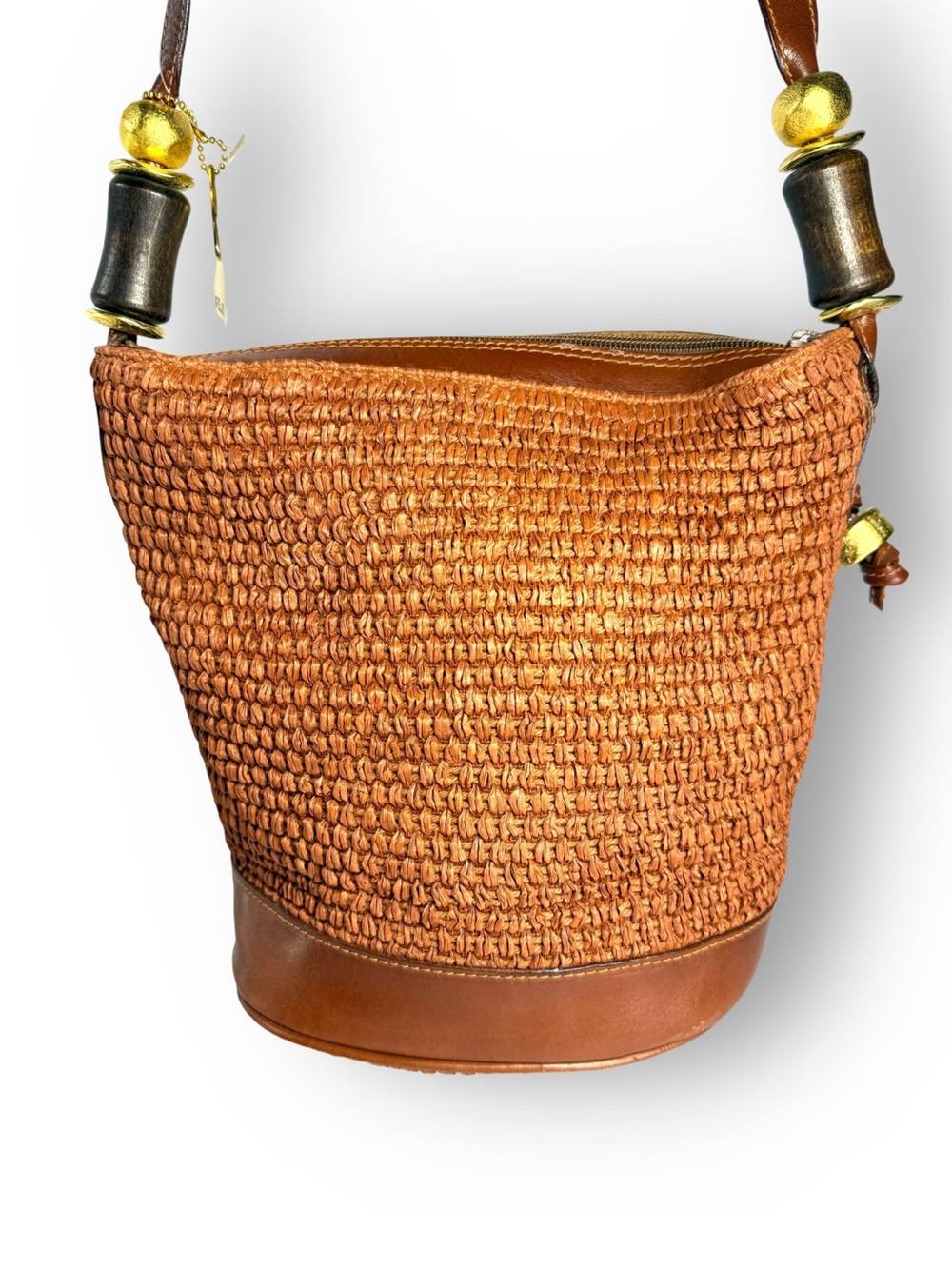 Lord & Taylor Woven Raffia Bucket Shoulder Bag in Cognac Brown w/ Gold Accents